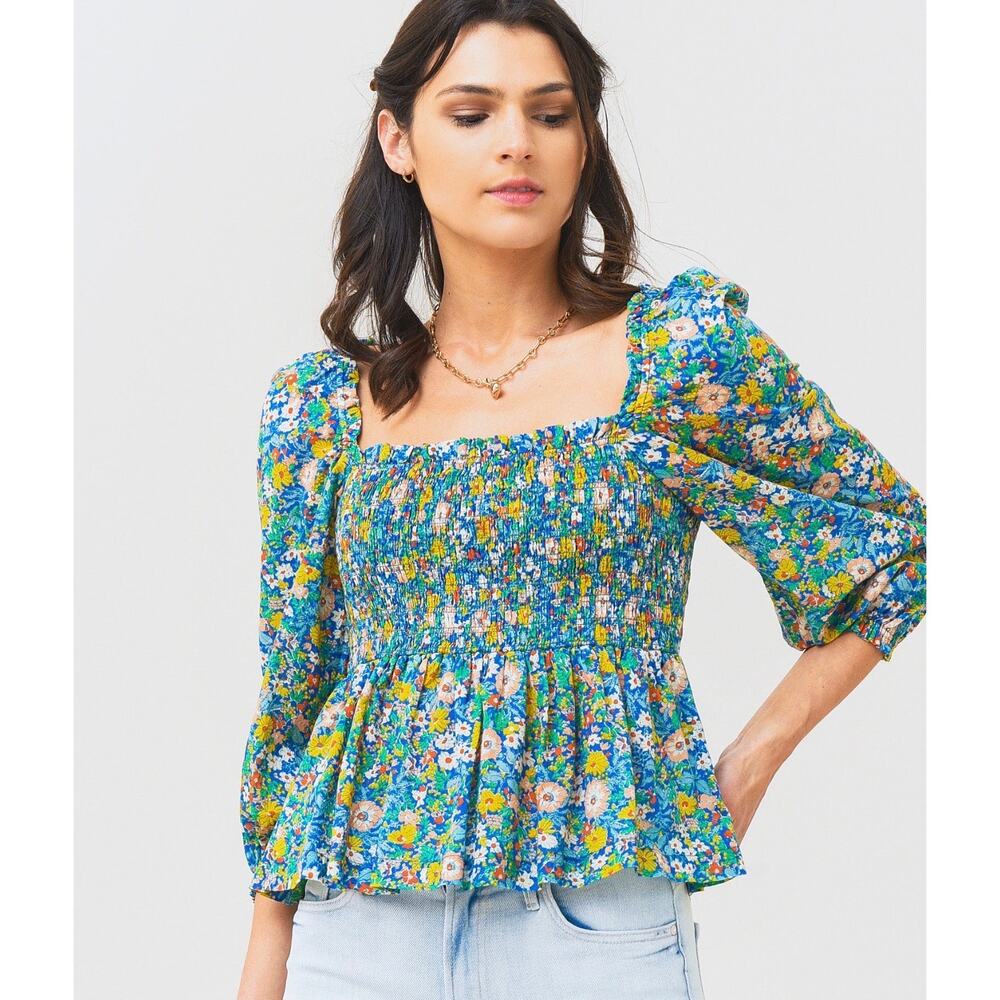Birds of Paradis by Trovata Floral Smocked Peplum Blouse S Cotton Puff Sleeve